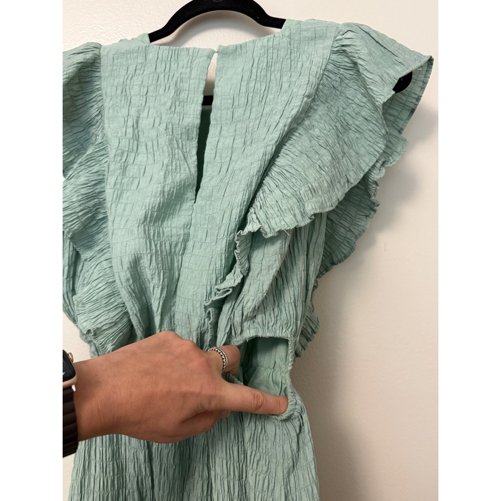 Vestique Sage Green Crinkle Ruffle Mini Dress Side Cut Out - Picture 7 of 10